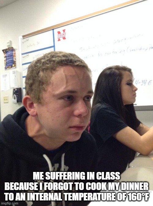 Hold fart | ME SUFFERING IN CLASS BECAUSE I FORGOT TO COOK MY DINNER TO AN INTERNAL TEMPERATURE OF 160°F | image tagged in hold fart | made w/ Imgflip meme maker