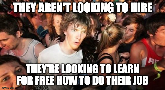 Sudden Clarity Clarence Meme | THEY AREN'T LOOKING TO HIRE; THEY'RE LOOKING TO LEARN FOR FREE HOW TO DO THEIR JOB | image tagged in memes,sudden clarity clarence | made w/ Imgflip meme maker