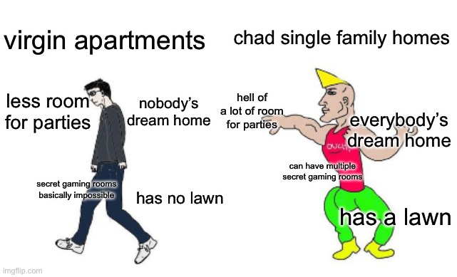 this meme was in my head for 2 days, so I made it | chad single family homes; virgin apartments; hell of a lot of room for parties; less room for parties; nobody’s dream home; everybody’s dream home; can have multiple secret gaming rooms; secret gaming rooms basically impossible; has no lawn; has a lawn | image tagged in virgin vs chad,apartment,single family homes | made w/ Imgflip meme maker