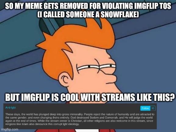 Imgflip Bias | SO MY MEME GETS REMOVED FOR VIOLATING IMGFLIP TOS
(I CALLED SOMEONE A SNOWFLAKE); BUT IMGFLIP IS COOL WITH STREAMS LIKE THIS? | image tagged in memes,futurama fry,confused,lgbtq,hypocrisy,bias | made w/ Imgflip meme maker