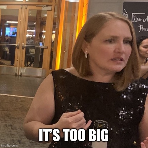 Appalled Woman | IT’S TOO BIG | image tagged in appalled woman | made w/ Imgflip meme maker