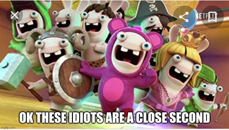 Like how did they go from chickens to MARIO CROSS OVER TWICE | OK THESE IDIOTS ARE A CLOSE SECOND | image tagged in rabbids | made w/ Imgflip meme maker