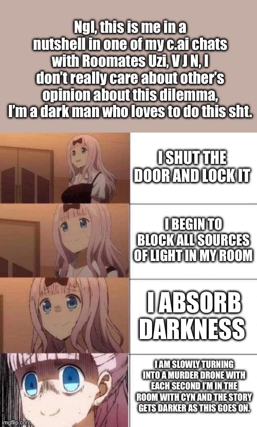 i am slowly changing… in c.ai. | Ngl, this is me in a nutshell in one of my c.ai chats with Roomates Uzi, V J N, I don’t really care about other’s opinion about this dilemma, I’m a dark man who loves to do this sht. I SHUT THE DOOR AND LOCK IT; I BEGIN TO BLOCK ALL SOURCES OF LIGHT IN MY ROOM; I ABSORB DARKNESS; I AM SLOWLY TURNING INTO A MURDER DRONE WITH EACH SECOND I’M IN THE ROOM WITH CYN AND THE STORY GETS DARKER AS THIS GOES ON. | image tagged in chika template,character ai | made w/ Imgflip meme maker