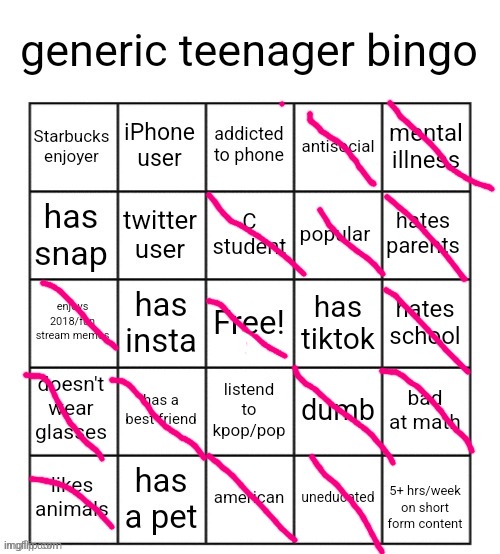 Not mine lol | image tagged in generic teenager bingo | made w/ Imgflip meme maker