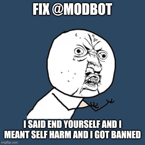 Y U No | FIX @MODBOT; I SAID END YOURSELF AND I MEANT SELF HARM AND I GOT BANNED | image tagged in memes,y u no | made w/ Imgflip meme maker