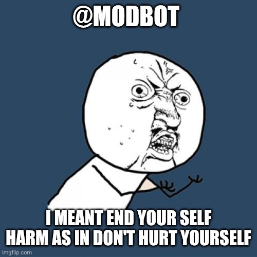 Y U No | @MODBOT; I MEANT END YOUR SELF HARM AS IN DON'T HURT YOURSELF | image tagged in memes,y u no | made w/ Imgflip meme maker