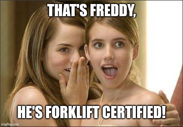 Girls gossiping | THAT'S FREDDY, HE'S FORKLIFT CERTIFIED! | image tagged in girls gossiping | made w/ Imgflip meme maker