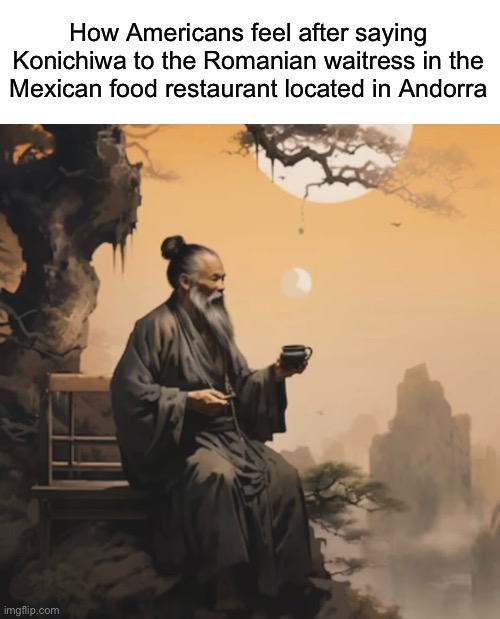 Wise words from a wide man | How Americans feel after saying Konichiwa to the Romanian waitress in the Mexican food restaurant located in Andorra | image tagged in msmg,americans | made w/ Imgflip meme maker