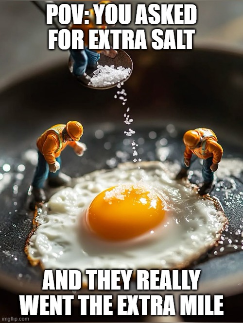salt | POV: YOU ASKED FOR EXTRA SALT; AND THEY REALLY WENT THE EXTRA MILE | image tagged in memes | made w/ Imgflip meme maker