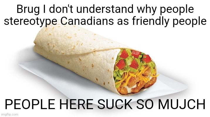 Burrito | Brug I don't understand why people stereotype Canadians as friendly people; PEOPLE HERE SUCK SO MUJCH | image tagged in burrito | made w/ Imgflip meme maker