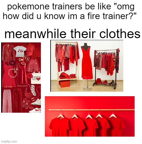 pokemone trainers be like "omg how did u know im a fire trainer?"; meanwhile their clothes | image tagged in pokemon,how did you know | made w/ Imgflip meme maker