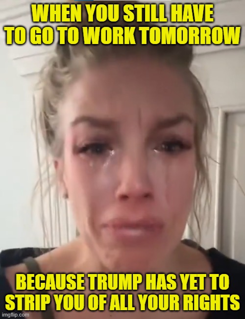 Liberal women are heartbroken | WHEN YOU STILL HAVE TO GO TO WORK TOMORROW; BECAUSE TRUMP HAS YET TO STRIP YOU OF ALL YOUR RIGHTS | image tagged in liberal logic,womens rights,equal rights,equality,gender equality,donald trump | made w/ Imgflip meme maker