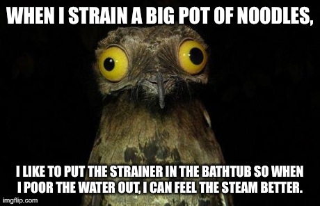 Weird Stuff I Do Potoo | WHEN I STRAIN A BIG POT OF NOODLES, I LIKE TO PUT THE STRAINER IN THE BATHTUB SO WHEN I POOR THE WATER OUT, I CAN FEEL THE STEAM BETTER. | image tagged in memes,weird stuff i do potoo | made w/ Imgflip meme maker