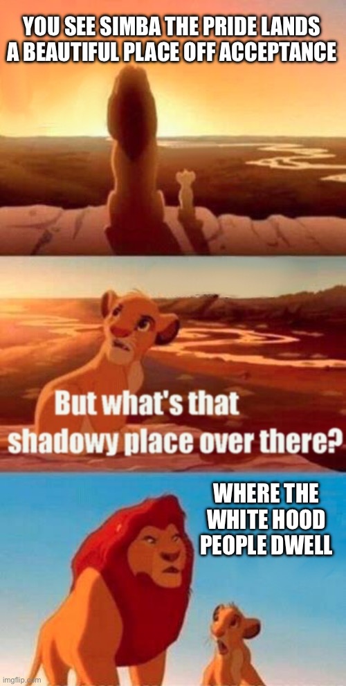 Well I made a political meme | YOU SEE SIMBA THE PRIDE LANDS A BEAUTIFUL PLACE OFF ACCEPTANCE; WHERE THE WHITE HOOD PEOPLE DWELL | image tagged in memes,simba shadowy place | made w/ Imgflip meme maker