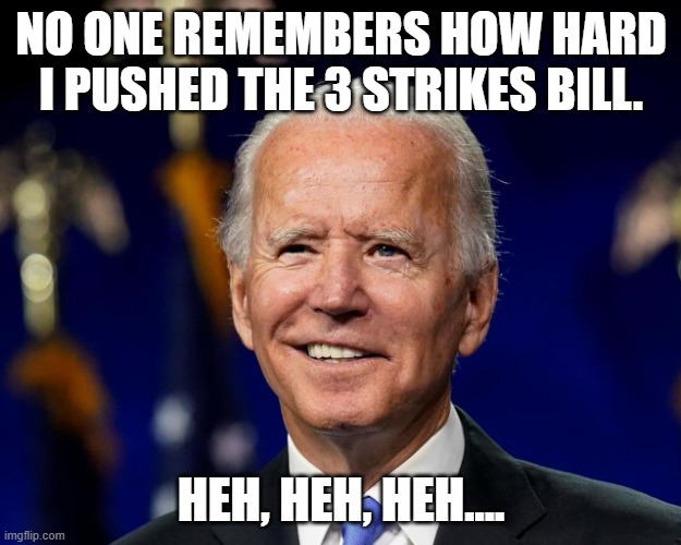 NO ONE REMEMBERS HOW HARD I PUSHED THE 3 STRIKES BILL. HEH, HEH, HEH.... | image tagged in hold my beer biden | made w/ Imgflip meme maker