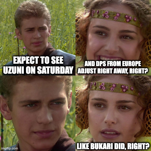 Anakin Padme 4 Panel | EXPECT TO SEE UZUNI ON SATURDAY; AND DPS FROM EUROPE ADJUST RIGHT AWAY, RIGHT? LIKE BUKARI DID, RIGHT? | image tagged in anakin padme 4 panel | made w/ Imgflip meme maker