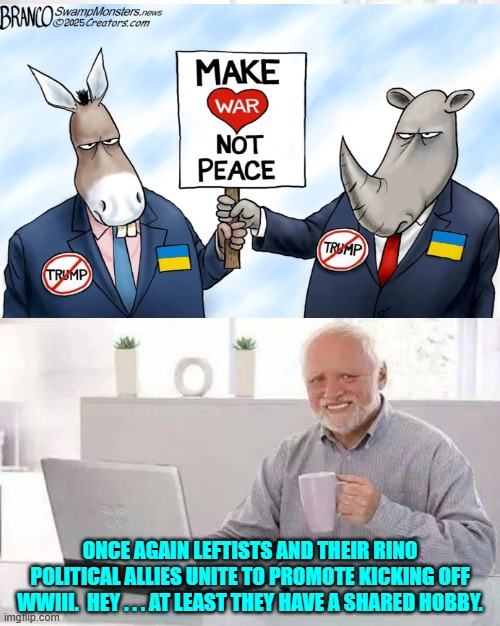 It's nice when true 'friends' for life share mutual interests. | ONCE AGAIN LEFTISTS AND THEIR RINO POLITICAL ALLIES UNITE TO PROMOTE KICKING OFF WWIII.  HEY . . . AT LEAST THEY HAVE A SHARED HOBBY. | image tagged in hide the pain harold | made w/ Imgflip meme maker