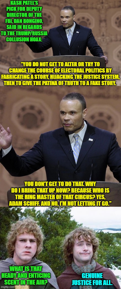 I understand that some non-extradition treaty nations are rather nice, Adam. | KASH PATEL'S PICK FOR DEPUTY DIRECTOR OF THE FBI, DAN BONGINO, SAID IN REGARDS TO THE TRUMP/RUSSIA COLLUSION HOAX:; “YOU DO NOT GET TO ALTER OR TRY TO CHANGE THE COURSE OF ELECTORAL POLITICS BY FABRICATING A STORY, HIJACKING THE JUSTICE SYSTEM, THEN TO GIVE THE PATINA OF TRUTH TO A FAKE STORY. YOU DON’T GET TO DO THAT. WHY DO I BRING THAT UP NOW? BECAUSE WHO IS THE RING MASTER OF THAT CIRCUS? YES, ADAM SCHIFF. AND NO, I’M NOT LETTING IT GO."; WHAT IS THAT HEADY AND ENTICING SCENT IN THE AIR? GENUINE JUSTICE FOR ALL. | image tagged in yep | made w/ Imgflip meme maker