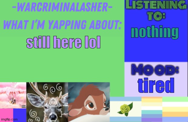 i'm back | nothing; still here lol; tired | image tagged in warcriminalasher v1 | made w/ Imgflip meme maker