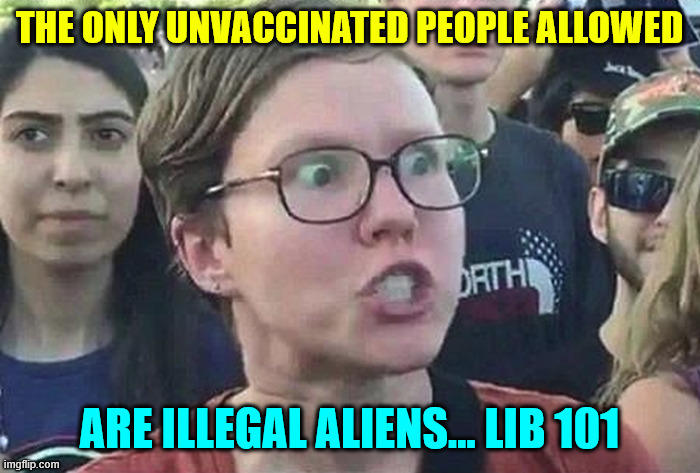 Funny how they never talk about illegals not being vaccinated... | THE ONLY UNVACCINATED PEOPLE ALLOWED; ARE ILLEGAL ALIENS... LIB 101 | image tagged in triggered liberal,illegal aliens,no required vaccines | made w/ Imgflip meme maker