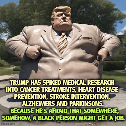Does somebody you love have one of these illnesses? You can forget about a cure anytime soon. Trump hates science. | TRUMP HAS SPIKED MEDICAL RESEARCH 
INTO CANCER TREATMENTS, HEART DISEASE 
PREVENTION, STROKE INTERVENTION, 
ALZHEIMERS AND PARKINSONS. BECAUSE HE'S AFRAID THAT SOMEWHERE, SOMEHOW, A BLACK PERSON MIGHT GET A JOB. | image tagged in trump,medicine,science,research,disease,knowledge | made w/ Imgflip meme maker