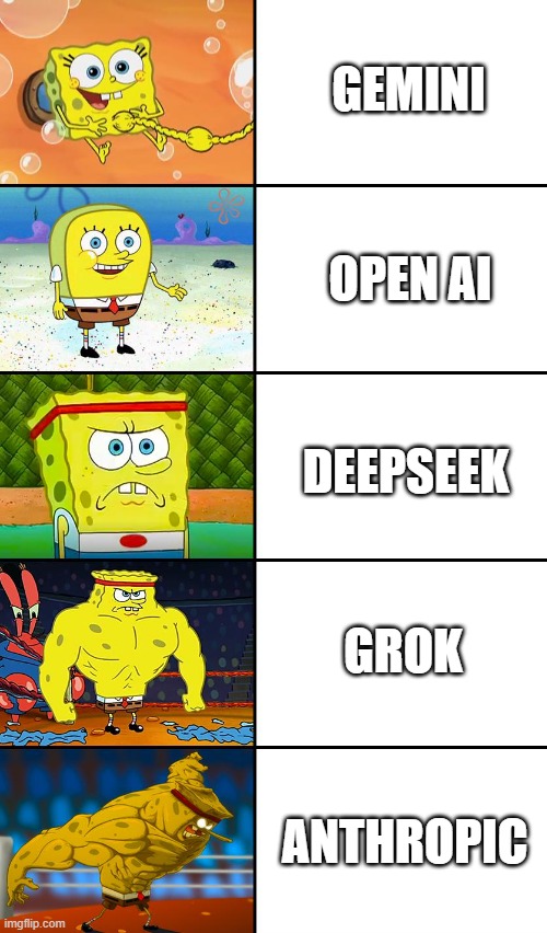 Current Ai Models | GEMINI; OPEN AI; DEEPSEEK; GROK; ANTHROPIC | image tagged in spongebob baby normal tough strong god | made w/ Imgflip meme maker