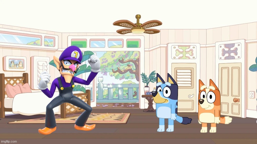 Bluey and Bingo X Waluigi | image tagged in bluey bedroom,super mario,mario,bluey,dream,dreams | made w/ Imgflip meme maker