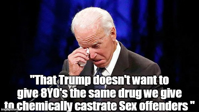 "That Trump doesn't want to give 8YO's the same drug we give to chemically castrate Sex offenders " | made w/ Imgflip meme maker