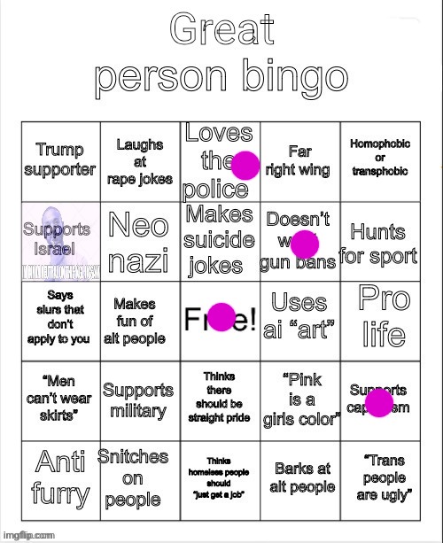 (Mille_Likes_Devil_May_Cry: this is my school alt btw lol) | image tagged in great person bingo | made w/ Imgflip meme maker