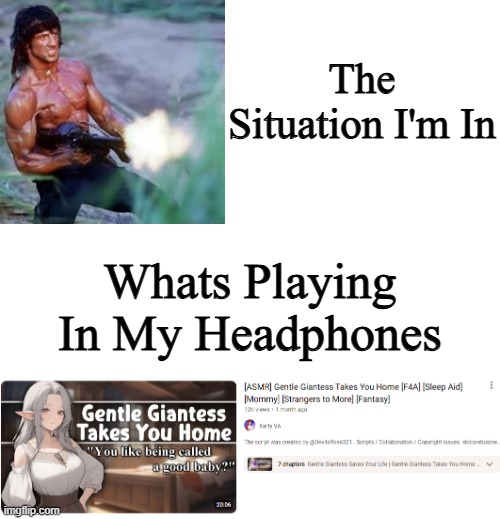 real me moment | The Situation I'm In; Whats Playing In My Headphones | image tagged in blank white template | made w/ Imgflip meme maker