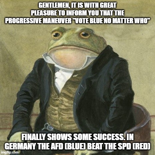 Gentlemen, it is with great pleasure to inform you that | GENTLEMEN, IT IS WITH GREAT PLEASURE TO INFORM YOU THAT THE PROGRESSIVE MANEUVER "VOTE BLUE NO MATTER WHO"; FINALLY SHOWS SOME SUCCESS. IN GERMANY THE AFD (BLUE) BEAT THE SPD (RED) | image tagged in gentlemen it is with great pleasure to inform you that,election,germany | made w/ Imgflip meme maker