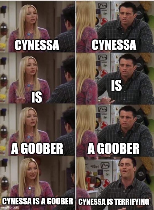 No seriously, she actually freaks me out a bit | CYNESSA; CYNESSA; IS; IS; A GOOBER; A GOOBER; CYNESSA IS A GOOBER; CYNESSA IS TERRIFYING | image tagged in phoebe joey | made w/ Imgflip meme maker