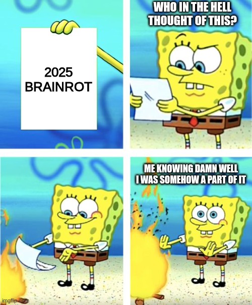 why is this a thing | WHO IN THE HELL THOUGHT OF THIS? 2025 BRAINROT; ME KNOWING DAMN WELL I WAS SOMEHOW A PART OF IT | image tagged in spongebob burning paper | made w/ Imgflip meme maker