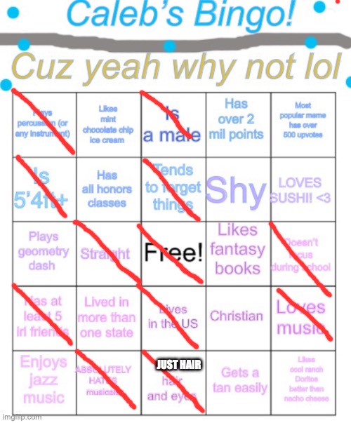 Caleb’s bingo | JUST HAIR | image tagged in caleb s bingo | made w/ Imgflip meme maker