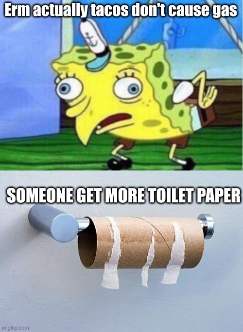 MORE TOILET PAPER | Erm actually tacos don't cause gas; SOMEONE GET MORE TOILET PAPER | image tagged in memes,mocking spongebob,no more toilet paper | made w/ Imgflip meme maker