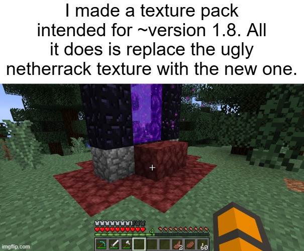 I made a texture pack intended for ~version 1.8. All it does is replace the ugly netherrack texture with the new one. | made w/ Imgflip meme maker