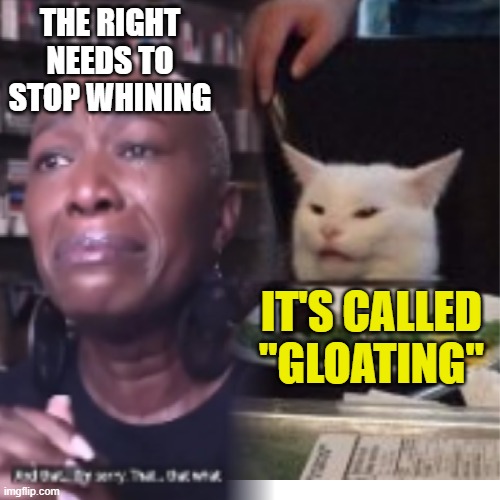 Joy Reid and Smudge | THE RIGHT NEEDS TO STOP WHINING; IT'S CALLED "GLOATING" | image tagged in joy reid and smudge | made w/ Imgflip meme maker