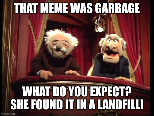 Statler and Waldorf | THAT MEME WAS GARBAGE WHAT DO YOU EXPECT? SHE FOUND IT IN A LANDFILL! | image tagged in statler and waldorf | made w/ Imgflip meme maker