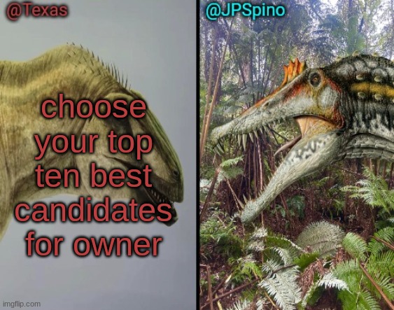 Texas and spino temp | choose your top ten best candidates for owner | image tagged in texas and spino temp | made w/ Imgflip meme maker