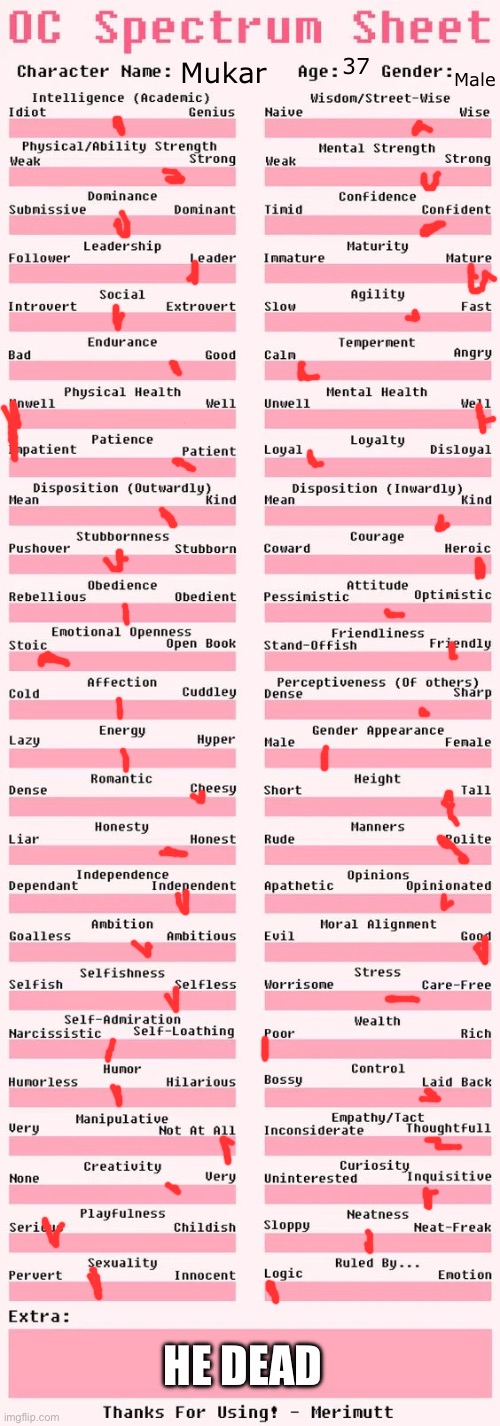 Spectrum sheet | 37; Male; Mukar; HE DEAD | image tagged in spectrum sheet | made w/ Imgflip meme maker