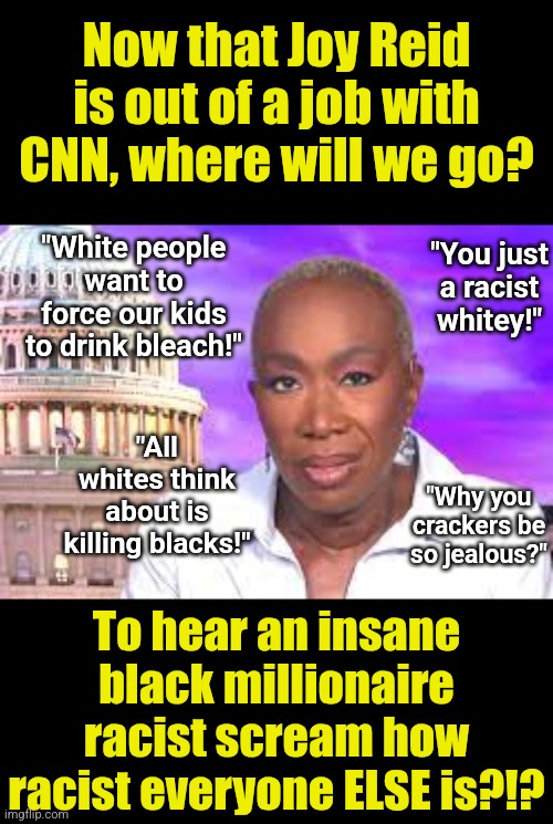 Joy Reid is out of a job. I propose a 1 minute flatulence to honor her memory... | Now that Joy Reid is out of a job with CNN, where will we go? "White people want to force our kids to drink bleach!"; "You just a racist whitey!"; "All whites think about is killing blacks!"; "Why you crackers be so jealous?"; To hear an insane black millionaire racist scream how racist everyone ELSE is?!? | image tagged in joy reid show,anti-semite and a racist,cnn fake news,insanity,liberal logic,stupid people | made w/ Imgflip meme maker