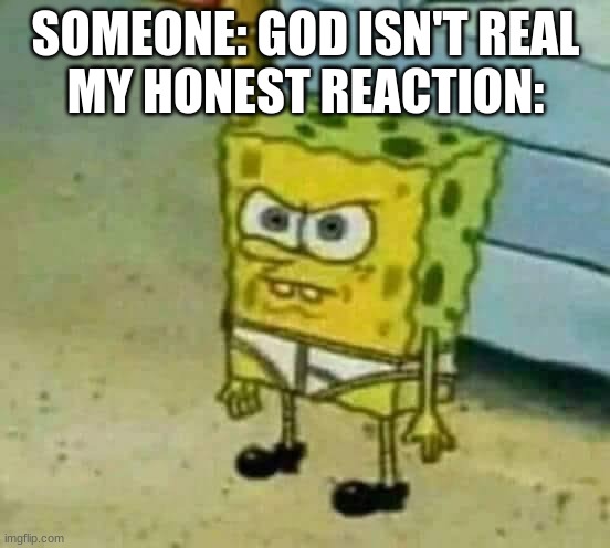 Mad Spongebob | SOMEONE: GOD ISN'T REAL
MY HONEST REACTION: | image tagged in mad spongebob | made w/ Imgflip meme maker