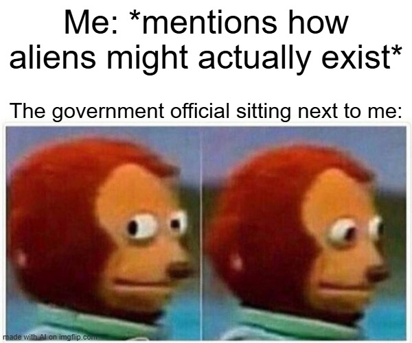 Aliens | Me: *mentions how aliens might actually exist*; The government official sitting next to me: | image tagged in memes,monkey puppet | made w/ Imgflip meme maker