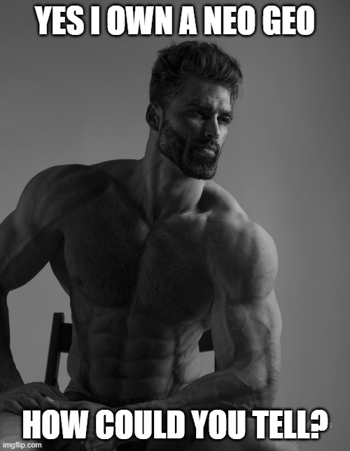 Giga Chad | YES I OWN A NEO GEO; HOW COULD YOU TELL? | image tagged in giga chad,memes | made w/ Imgflip meme maker