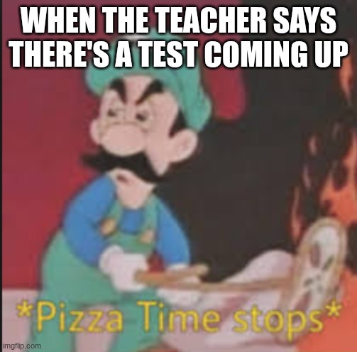 My Reaction To Upcoming Tests | WHEN THE TEACHER SAYS THERE'S A TEST COMING UP | image tagged in pizza time stops,luigi | made w/ Imgflip meme maker