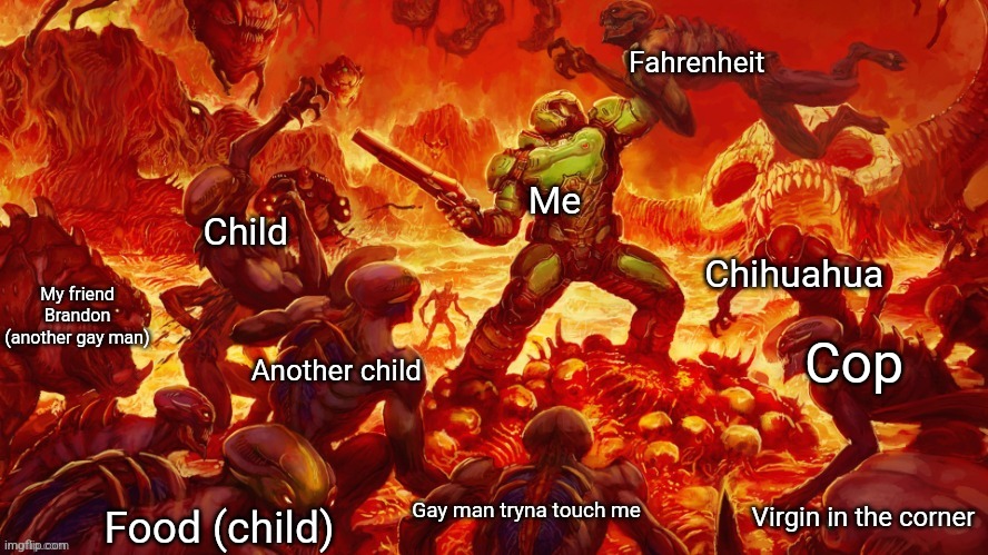 The Only Thing They Fear Is You | Fahrenheit; Me; Child; Chihuahua; My friend Brandon (another gay man); Cop; Another child; Gay man tryna touch me; Virgin in the corner; Food (child) | image tagged in the only thing they fear is you | made w/ Imgflip meme maker