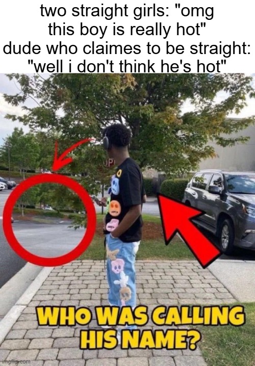Who was calling his name | two straight girls: "omg this boy is really hot"
dude who claimes to be straight: "well i don't think he's hot" | image tagged in who was calling his name | made w/ Imgflip meme maker