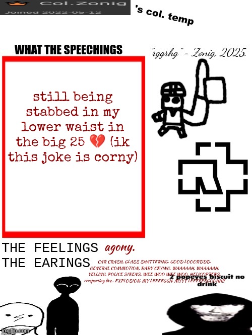 Col.Zonig's col. temp rgh | still being stabbed in my lower waist in the big 25 💔 (ik this joke is corny); agony. CAR CRASH, GLASS SHATTERING. GOOD LOOORDDD. GENERAL COMMOTION, BABY CRYING. WAAAAAH, WAAAAAH. YELLING. POLICE SIRENS. WEE WOO WEE WOO. HELICOPTERS. rrreporting live.. EXPLOSION. MY LEEEEGGH. MYYY LEEEEEEGUUHH!! | image tagged in col zonig's col temp rgh | made w/ Imgflip meme maker