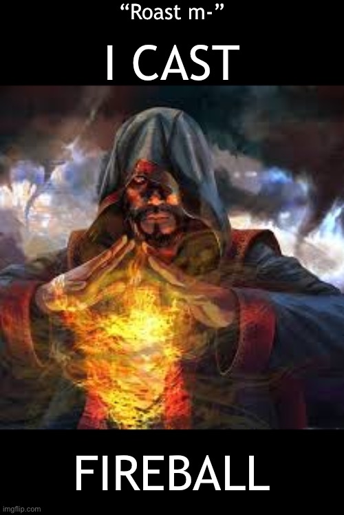 FIREBALL | “Roast m-”; I CAST; FIREBALL | image tagged in wizard casting fireball | made w/ Imgflip meme maker