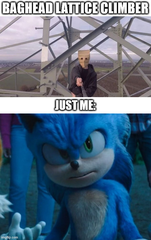 Baghead Climber | BAGHEAD LATTICE CLIMBER; JUST ME: | image tagged in ugly bob,lattice climbing,sonic the hedgehog,memes,joke | made w/ Imgflip meme maker